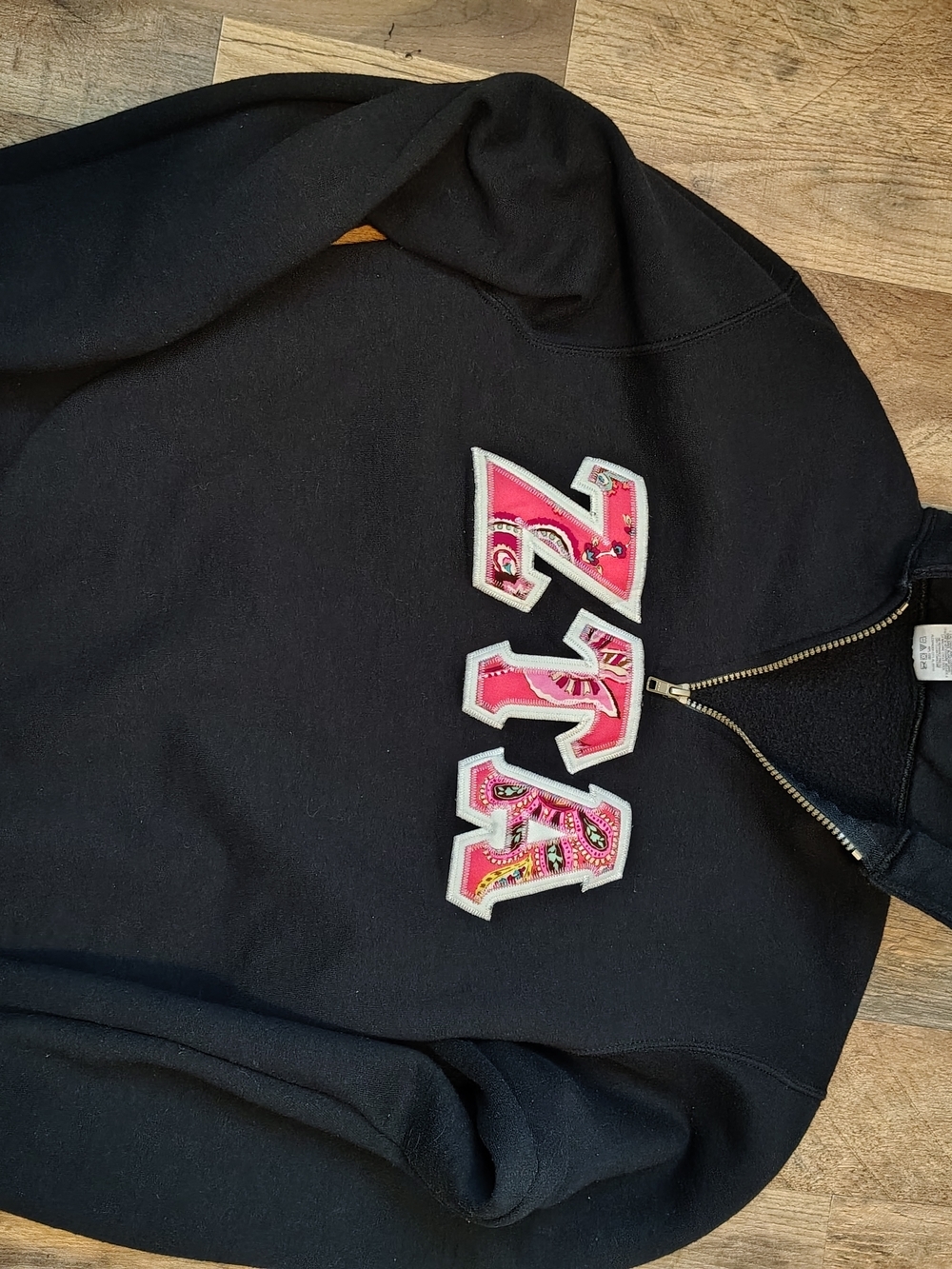 Jerzees Black Half-Zip Sweatshirt with Pink Appliqué Letters